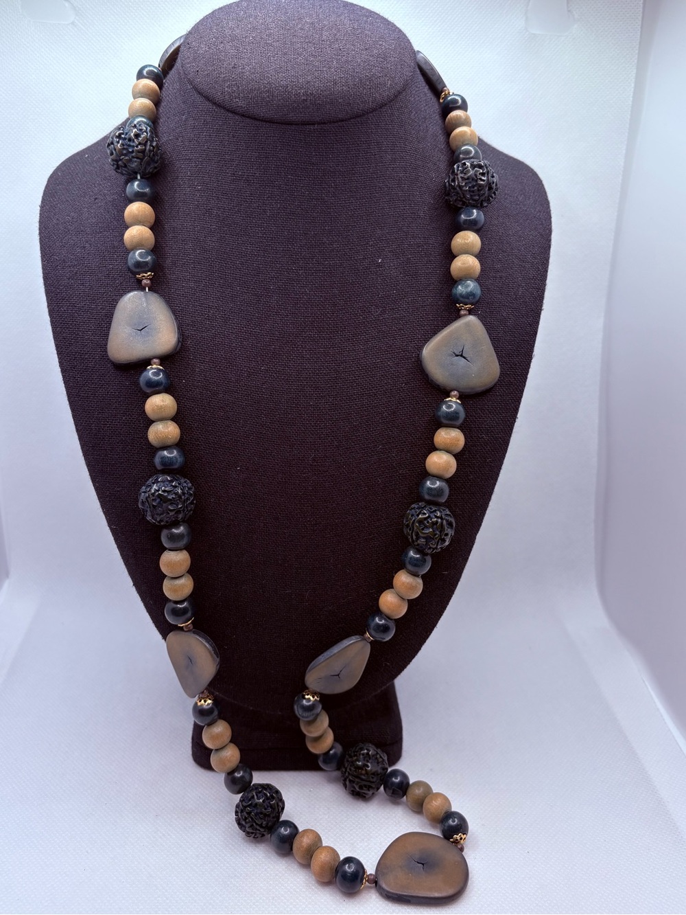 Tagua Beaded Necklace Brown Tan Natural Nut Vegetable Wood Vintage Hippie Boho